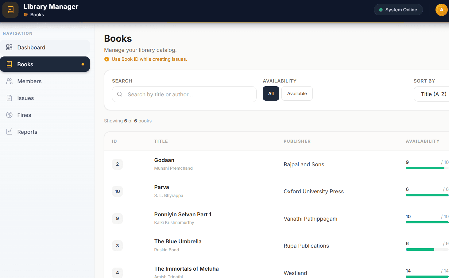 Library Management System - Rameshwar Bhagwat Project Interface